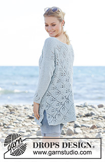 Bali Blue / DROPS 199-31 - Knitted long sweater in DROPS Paris. The piece is worked in garter stitch and lace pattern, from the middle outwards in a square. Sizes S - XXXL.