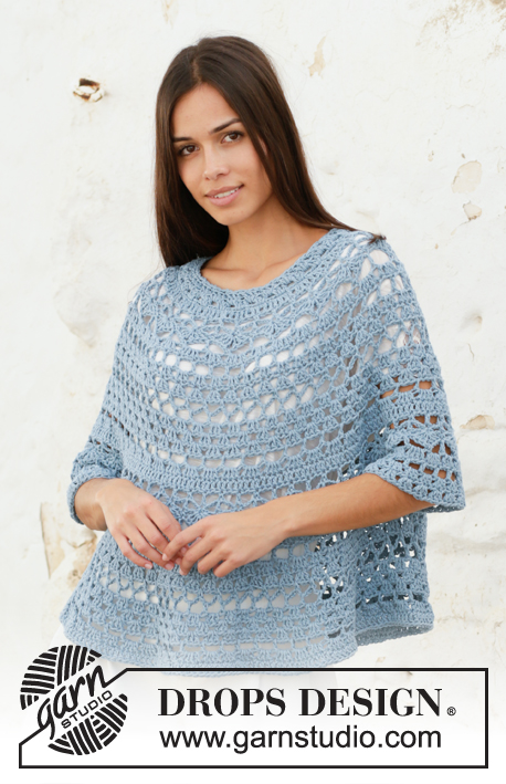 Mermaid Shell / DROPS 199-35 - Horgolt poncsópulóver DROPS Big Merino fonalból. A darabot fentről lefelé irányban készítjük, csipkemintával. Méret: S - XXXL.