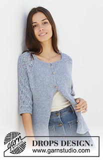 Blue Nostalgia Cardigan / DROPS 199-4 - Gestrickte Jacke mit Raglan in DROPS Sky. Die Arbeit wird von oben nach unten gestrickt, mit Lochmuster an den Ärmeln. Größe S – XXXL.