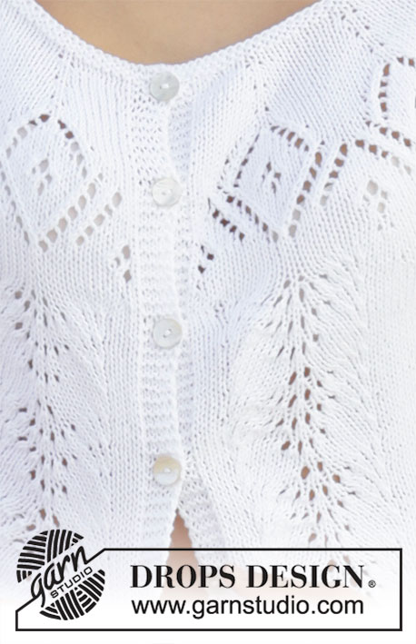 Spring Melt / DROPS 199-41 - Knitted jacket with round yoke and short sleeves in DROPS Safran. The piece is worked top down with lace pattern. Sizes S - XXXL.