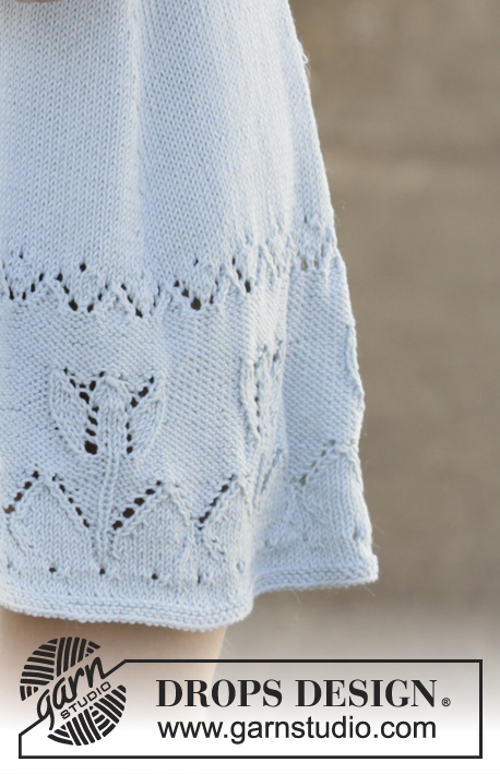 Moonshine Dance / DROPS 199-9 - Knitted dress with round yoke in DROPS Muskat. The piece is worked with lace and tulip pattern. Sizes S - XXXL.