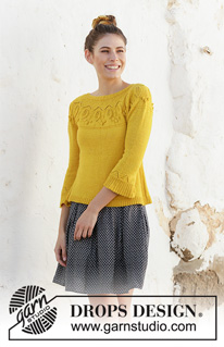 Summer Twinkle Sweater / DROPS 200-12 - Pull tricoté de haut en bas en DROPS Flora, avec point de feuilles, nopes, empiècement arrondi et manches ¾. Du S au XXXL.