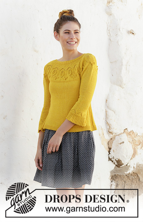 Summer Twinkle Sweater / DROPS 200-12 - Pull tricoté de haut en bas en DROPS Flora, avec point de feuilles, nopes, empiècement arrondi et manches ¾. Du S au XXXL.