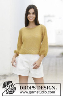 Jolina Top / DROPS 200-22 - Knitted jumper in DROPS Kid-Silk. The piece is worked with garter stitch, lace pattern and ¾-length balloon sleeves. Sizes S - XXXL.