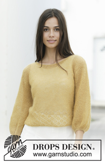 Jolina Top / DROPS 200-22 - Knitted jumper in DROPS Kid-Silk. The piece is worked with garter stitch, lace pattern and ¾-length balloon sleeves. Sizes S - XXXL.