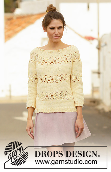 Spring Symmetry / DROPS 200-26 - Gestrickter Pullover in DROPS Muskat. Die Arbeit wird von oben nach unten mit Rundpasse, Lochmuster und 3/4 langen Ärmeln gestrickt. Größe S - XXXL.