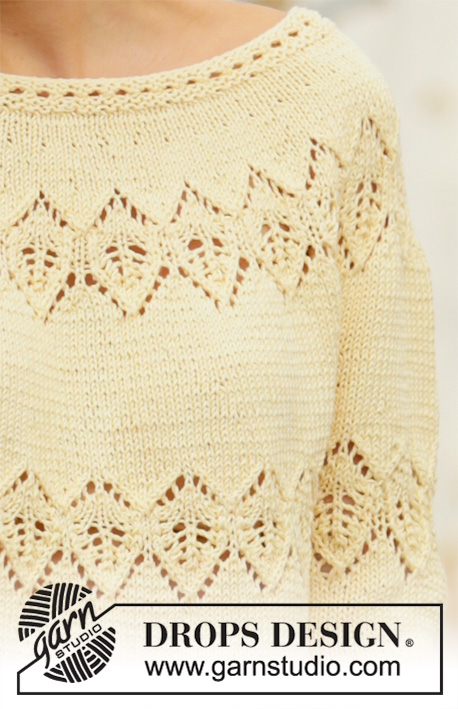 Spring Symmetry / DROPS 200-26 - Gestrickter Pullover in DROPS Muskat. Die Arbeit wird von oben nach unten mit Rundpasse, Lochmuster und 3/4 langen Ärmeln gestrickt. Größe S - XXXL.