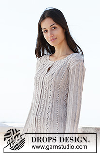 Victoria's Twirl / DROPS 200-8 - Knitted long, shaped jacket in DROPS Cotton Merino. The piece is worked top down with lace pattern and cables. Sizes S - XXXL.