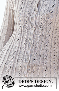 Victoria's Twirl / DROPS 200-8 - Knitted long, shaped jacket in DROPS Cotton Merino. The piece is worked top down with lace pattern and cables. Sizes S - XXXL.