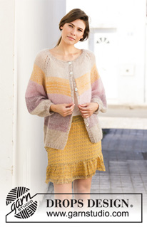 Bring Spring Cardigan / DROPS 200-9 - Strikket jakke i 2 tråde DROPS Kid-Silk. Arbejdet strikkes oppefra og ned med raglan, ballonærmer og striber. Størrelse S - XXXL.
