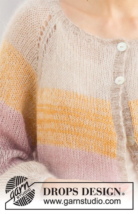 Bring Spring Cardigan / DROPS 200-9 - Strikket jakke i 2 tråde DROPS Kid-Silk. Arbejdet strikkes oppefra og ned med raglan, ballonærmer og striber. Størrelse S - XXXL.