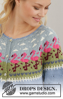 Flamingo Parade Jacket / DROPS 201-10 - Knitted jacket with flamingos in DROPS Merino Extra Fine. The piece is worked top down with round yoke and Nordic pattern. Sizes S - XXXL.