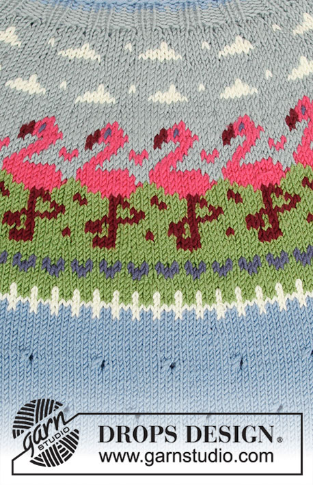 Flamingo Parade / DROPS 201-11 - Strikket genser med flamingoer i DROPS Merino Extra Fine. Arbeidet strikkes ovenfra og ned med rundfelling og nordisk mønster. Størrelse S - XXXL.