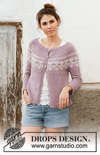 Rosewood Jacket / DROPS 201-3 - Knitted jacket in DROPS Sky. The piece is worked top down with round yoke, Nordic pattern, A-shape and ¾-length sleeves. Sizes S - XXXL.