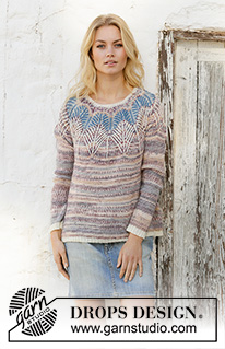 Egyptian Feathers / DROPS 201-30 - Strikket genser med rundfelling i DROPS Fabel. Arbeidet strikkes ovenfra og ned med 2-farget helpatent og striper i sikk-sakk. Størrelse S - XXXL.