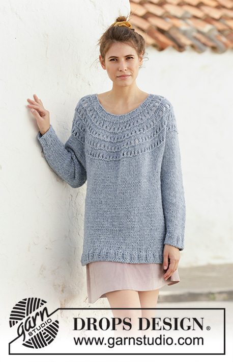 April Showers / DROPS 201-32 - Knitted long jumper with round yoke in 2 strands DROPS Sky. The piece is worked top down with lace pattern. Sizes S - XXXL.