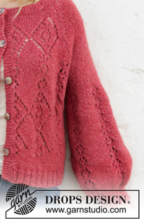 Berry Diamond Cardigan / DROPS 202-17 - Knitted jacket with raglan and balloon sleeves in DROPS Air. Piece is knitted top down with lace pattern. Size: S - XXXL