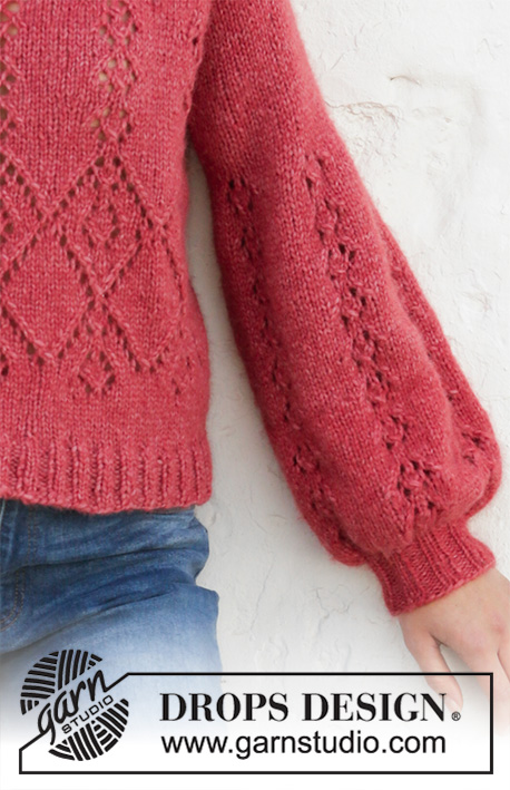 Berry Diamond / DROPS 202-18 - Knitted jumper with raglan and balloon sleeves in DROPS Air. The piece is worked top down with lace pattern. Sizes S - XXXL.