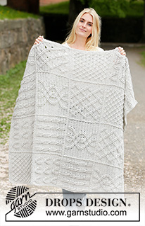 Celtic Comfort / DROPS 203-1 - Gehäkelte Decke in DROPS Air. Die Arbeit wird mit Granny Squares (Häkelquadraten) mit Zopfmuster und Reliefmaschen gehäkelt.