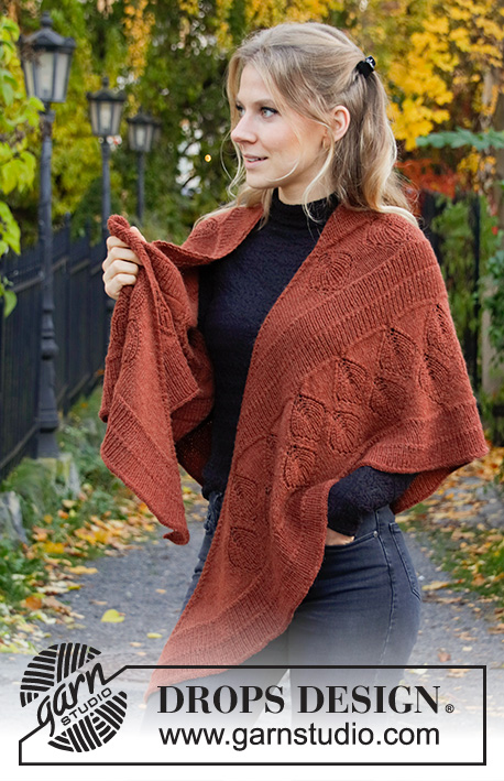 Lacey Laurels / DROPS 203-14 - DROPS Alpaca lõngast kootud lehemustriga ja patentkoes triipudega rätik – sall