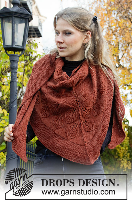 Lacey Laurels / DROPS 203-14 - DROPS Alpaca lõngast kootud lehemustriga ja patentkoes triipudega rätik – sall