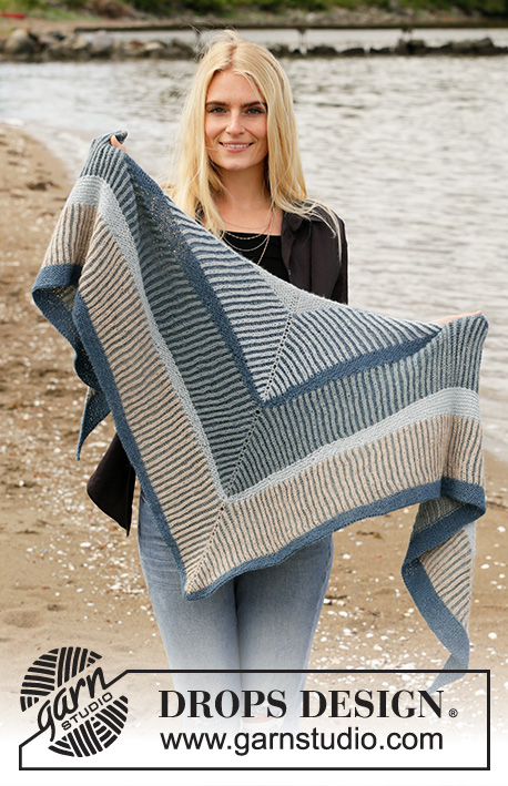 Sandstone Wrap / DROPS 203-16 - Prjónað sjal úr DROPS Alpaca. Stykkið er prjónað ofan frá og niður með röndum og klukkuprjóni í tveimur litum.