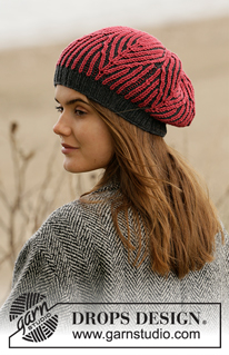 The Weekend Hat / DROPS 204-18 - Knitted beret in English rib with leaf pattern in 2 colours. Piece is knitted in DROPS Merino Extra Fine.