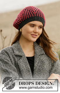 The Weekend Hat / DROPS 204-18 - Knitted beret in English rib with leaf pattern in 2 colours. Piece is knitted in DROPS Merino Extra Fine.