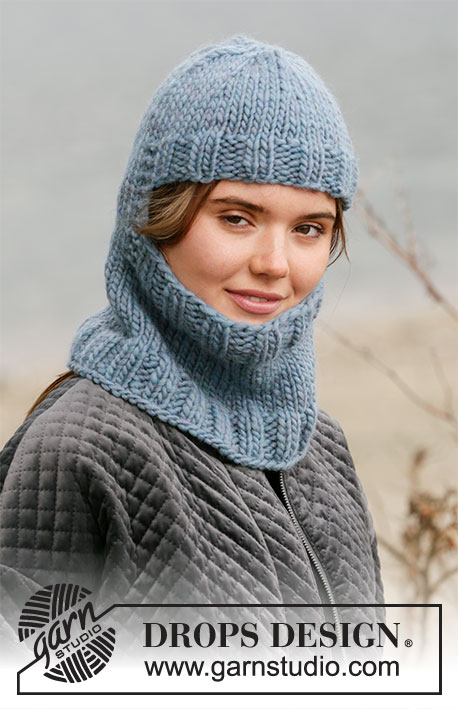 Winter Knights / DROPS 204-21 - Capuz / Balaclava tricotado com canelado, em DROPS Snow. Do S ao XL