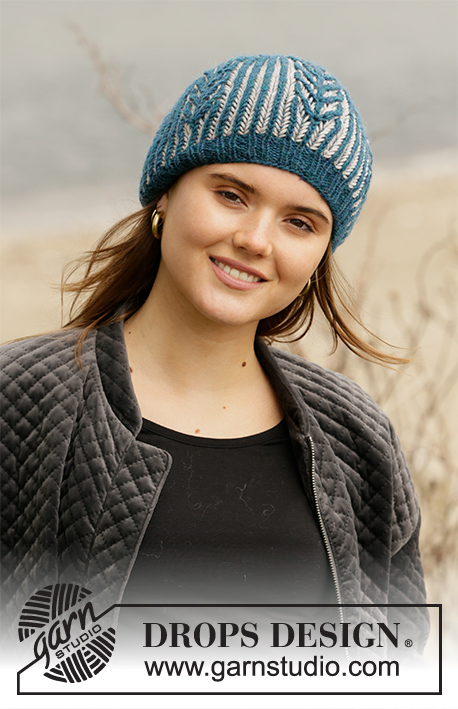 Blue Flake / DROPS 204-27 - Knitted beret in English rib with 2 colours. Piece is knitted in DROPS Merino Extra Fine.