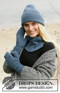 Blue Winter / DROPS 204-36 - DROPS Alpaca lõngast soonikkoes kootud naiste müts ja kaelussall ja kindad