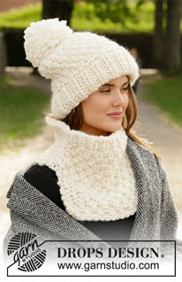 Polar Snow / DROPS 204-9 - Strikket lue og hals med perlestrikk i DROPS Polaris.
