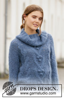 Blue Melody / DROPS 205-13 - Long pull tricoté de haut en bas en DROPS Melody, avec emmanchures raglan, torsades et nopes. Du S au XXXL