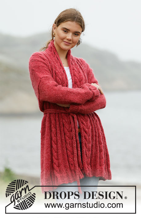Winter Cardinal Cardigan / DROPS 205-24 - Longue veste tricotée en DROPS Nepal et DROPS Kid-Silk, avec torsades, col châle et ceinture. Du S au XXXL
