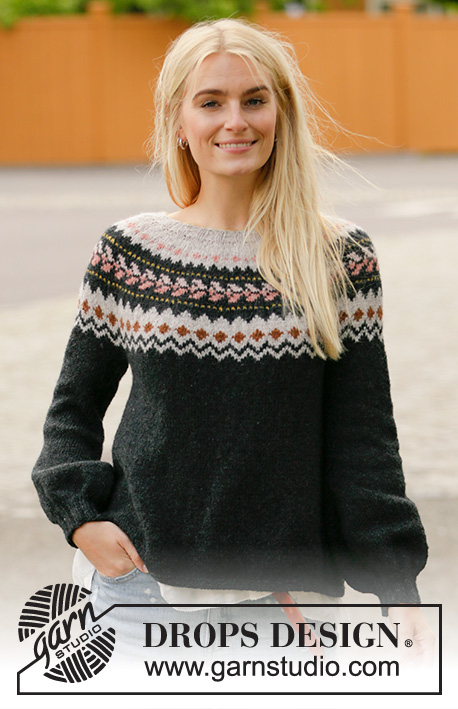 After Midnight Sweater / DROPS 205-27 - Knitted sweater in DROPS Sky. The piece is worked top down with round yoke and Nordic pattern on the yoke. Sizes S - XXXL.