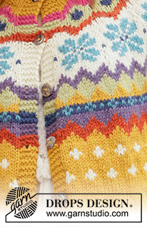 Winter Escape Jacket / DROPS 205-3 - Chaqueta de punto con canesú Redondo en DROPS Nepal. La pieza está tejida de arriba para abajo con patrón de jacquard nórdico. Tallas S – XXXL.