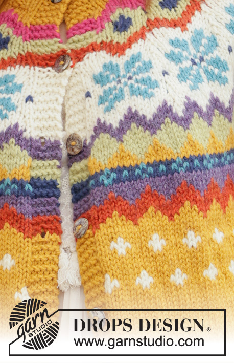 Winter Escape Jacket / DROPS 205-3 - Chaqueta de punto con canesú Redondo en DROPS Nepal. La pieza está tejida de arriba para abajo con patrón de jacquard nórdico. Tallas S – XXXL.