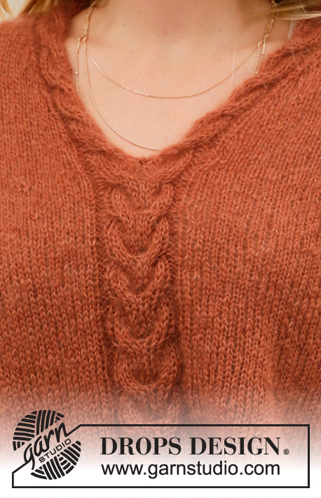 Golden Fall / DROPS 205-37 - Gestrickter Pullover 2 Fäden DROPS Kid-Silk oder 1 Faden DROPS Brushed Alpaca Silk. Die Arbeit wird mit Zopfmuster und V-Ausschnitt mit Schalkragen gestrickt. Größe S - XXXL.
