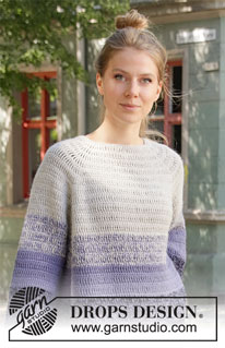Purple Dawn / DROPS 206-13 - Crocheted jumper with raglan in 2 strands DROPS Alpaca. The piece is worked top down with stripes. Sizes S - XXXL.