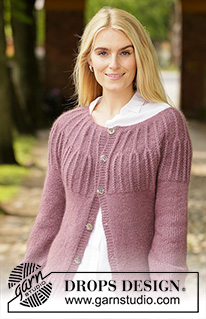 Sleeping Roses Jacket / DROPS 206-17 - Gestrickte Jacke in DROPS Alpaca und DROPS Kid-Silk. Die Arbeit wird von oben nach unten mit Rundpasse, Patentmaschen an der Passe und Ballonärmeln gestrickt. Größe S - XXXL.