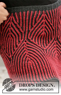 Finally The Weekend / DROPS 206-24 - Knitted skirt in 2 colored English rib with leaf pattern. Piece is knitted in DROPS Merino Extra Fine. Size: S - XXXL