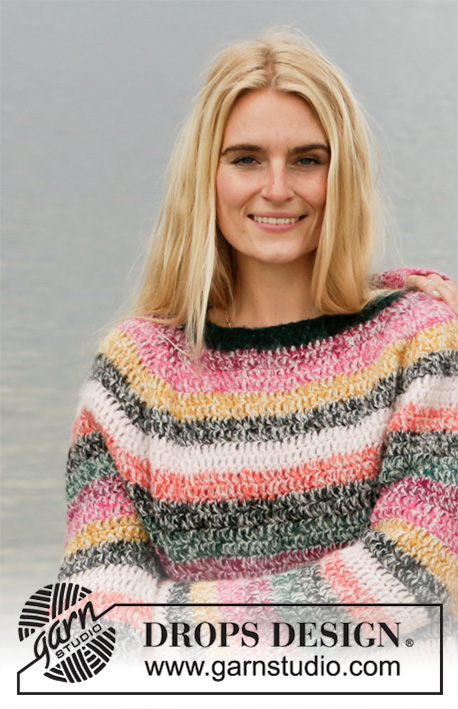 Friends Forever / DROPS 206-38 - Gehäkelter Pullover mit Raglan in 2 Fäden DROPS Brushed Alpaca Silk. Die Arbeit wird von oben nach unten mit Streifen gehäkelt. Größe S - XXXL.