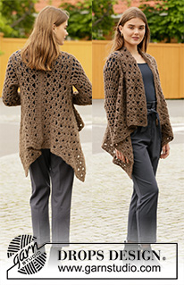 Chocolate Waterfall / DROPS 206-46 - Heklet lang firkantjakke i DROPS Air. Arbeidet hekles med hullmønster og vifter. Størrelse S - XXXL.