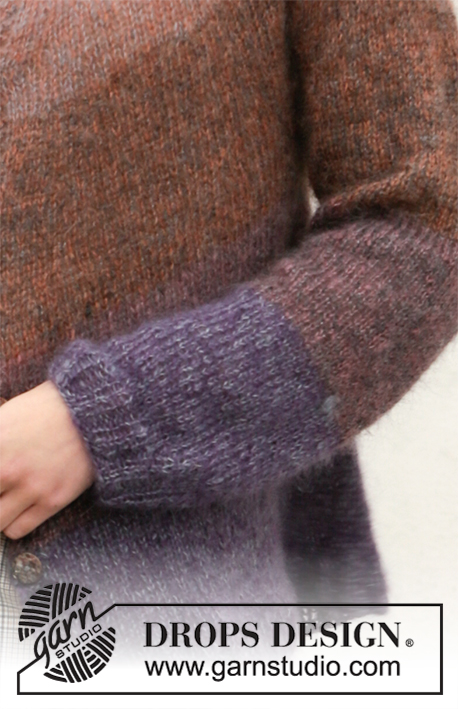 Story of Autum Jacket / DROPS 206-6 - 2 DROPS Kid-Silk lõngaga ülevalt alla kootud ümara passega ja triipudega kardigan suurustele S kuni XXXL