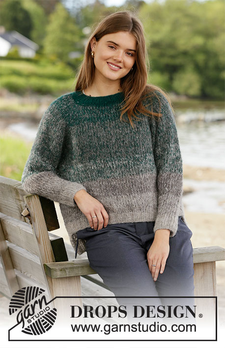 Forest Shadows Sweater / DROPS 207-15 - Prjónuð peysa með laskalínu úr 3 þráðum DROPS Brushed Alpaca Silk. Stykkið er prjónað ofan frá og niður í röndum. Stærð S - XXXL.