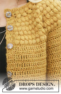 Autumn Gold Jacket / DROPS 207-20 - Gilet crocheté de haut en bas en DROPS Sky et DROPS Kid-Silk, avec empiècement arrondi au point soufflé. Du S au XXXL.