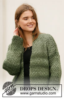 Moss Print Jacket / DROPS 207-31 - DROPS Big Delight ja DROPS Kid-Silk lõngadest kootud topelt pärlkoes pikk jakk suurustele S kuni XXXL
