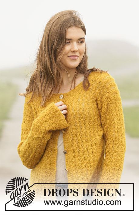 Golden Vintage Jacket / DROPS 207-33 - Knitted jacket in DROPS Brushed Alpaca Silk. Piece is knitted with star pattern. Size: S - XXXL