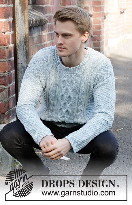 Winter Delight / DROPS 208-8 - Strikket genser til herre i DROPS Merino Extra Fine eller DROPS Soft Tweed. Arbeidet strikkes med fletter og dobbel perlestrikk. Størrelse S – XXXL.