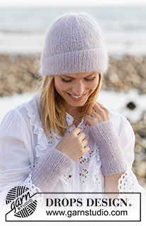 Lavender Moon / DROPS 209-7 - Strikket lue / hipsterlue og pulsvanter i 2 tråder DROPS Kid-Silk.
